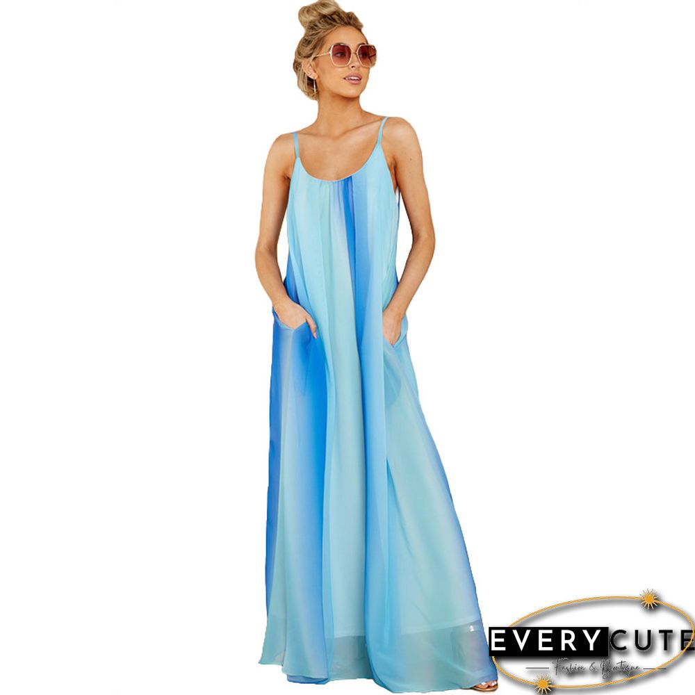 Light Blue Stripes Spaghetti Straps Maxi Beach Dress