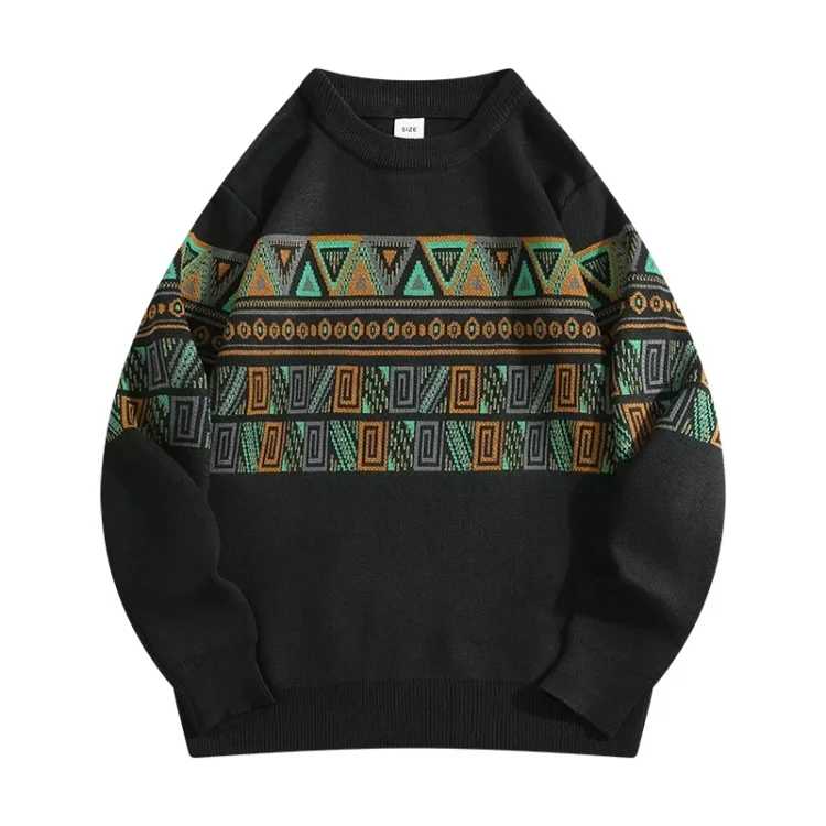 Traceeye Autumn Winter National Trend Ethnic Style Jacquard Sweater for Men/Women High-end O-neck Loose Casual Niche Knitted Pullover Top