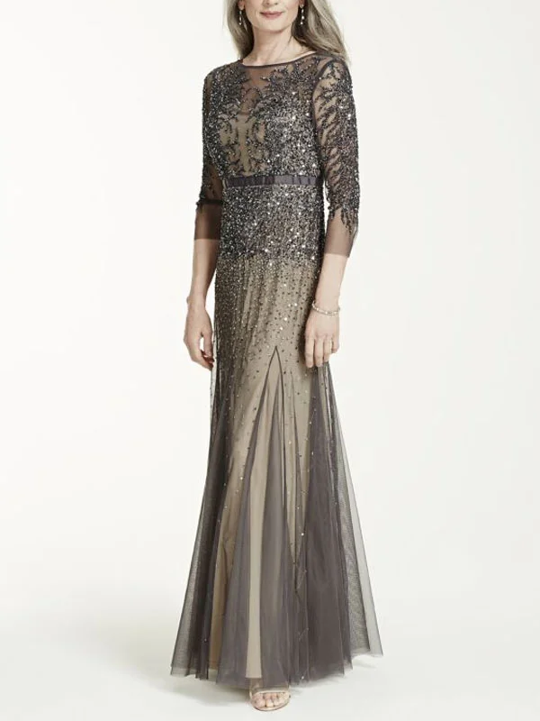 3/4 Sleeve Long Beaded Gown With Ribbon Waist