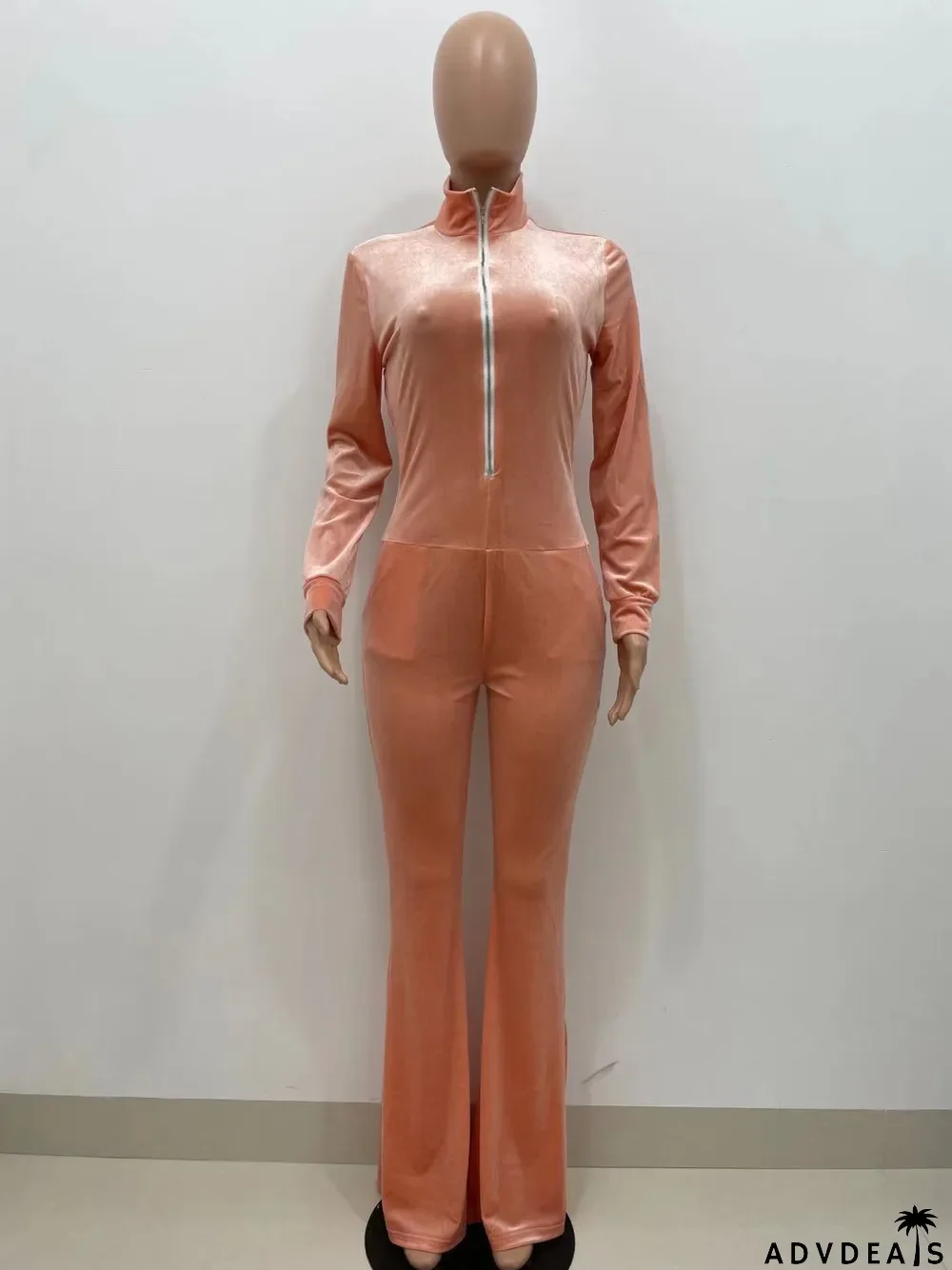 Solid Velvet Long Sleeve Zipper Flared Jumpsuit