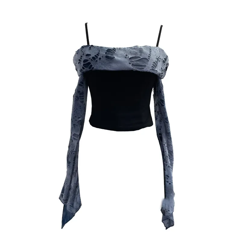 Uveng The Wasteland Hottie Hole To Make The Old Sling Tape A Word On The Shoulder Hollow Horn Long Sleeve Short T-Shirt 2666