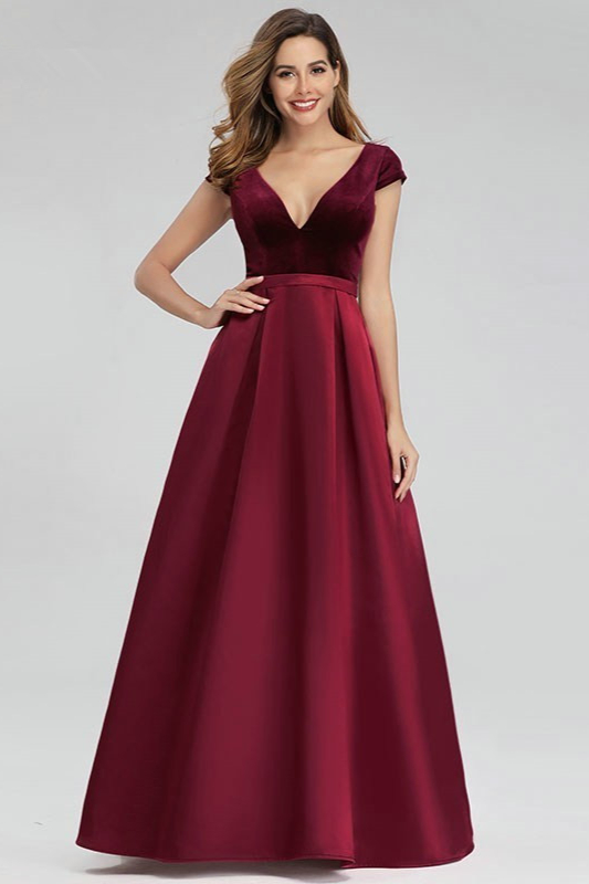 Bellasprom Burgundy Vlevet Long Evening Prom Dress On Sale Cap Sleeve Bellasprom