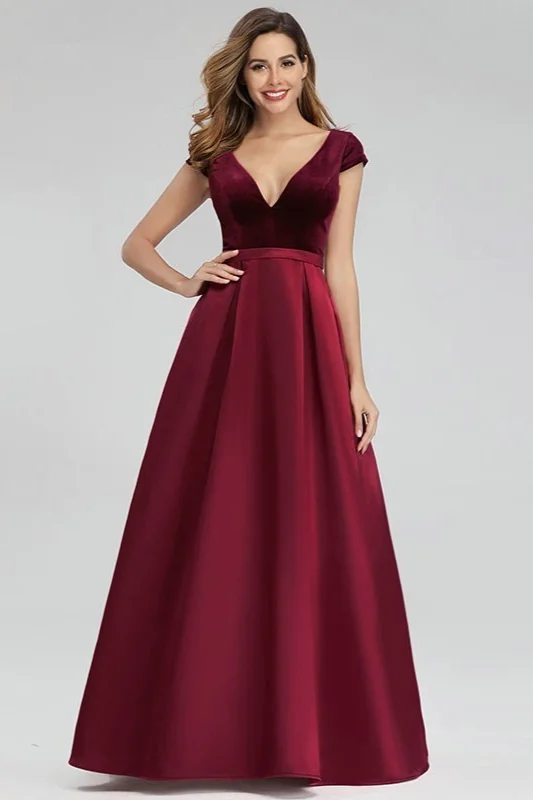 Bellasprom Burgundy Vlevet Long Evening Prom Dress On Sale Cap Sleeve