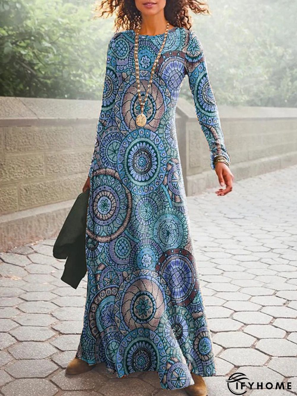 Ethnic Printed Long Sleeve Crew Neck Casual Dress | IFYHOME