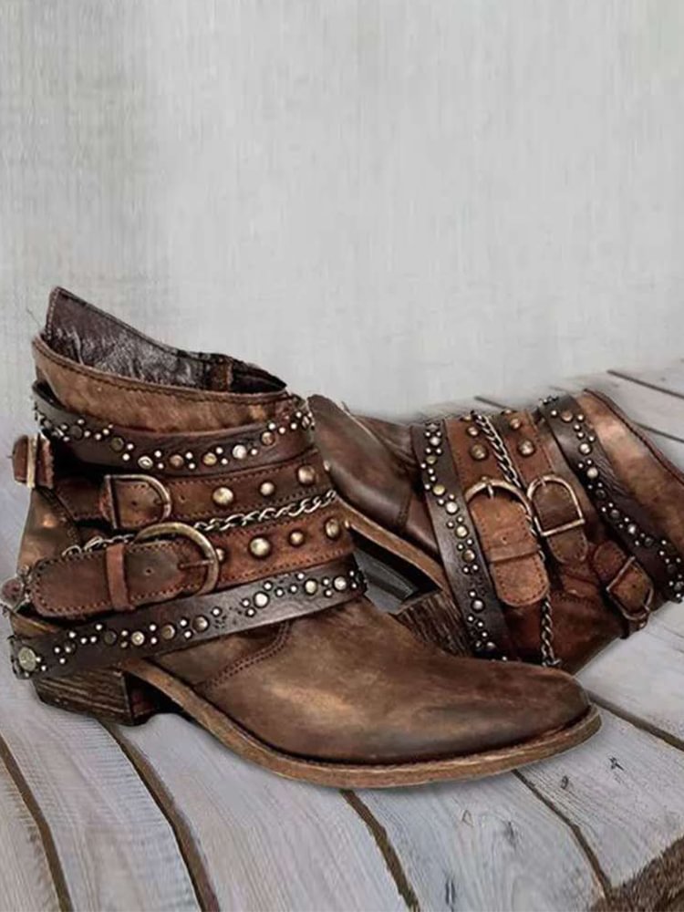Vintage Washed Studded Buckles Ankle Boots