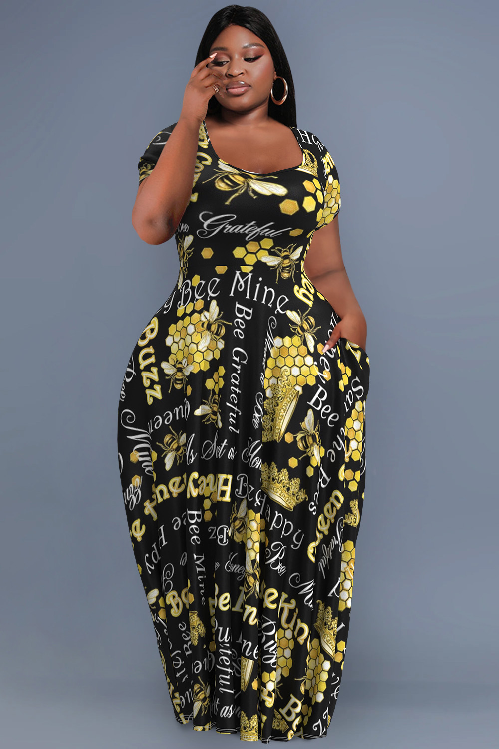 Design Plus Size Casual Black Letter Print Square Neck Short Sleeve Pocket Maxi Dress [Pre-Order]