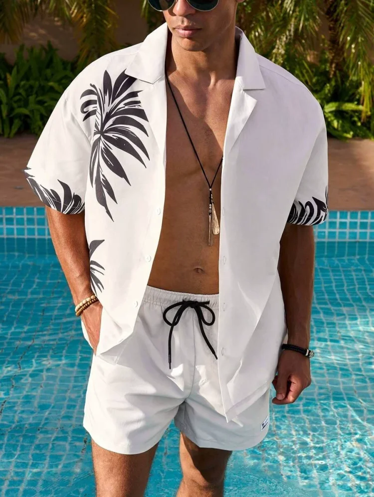 [S-3XL]Men's Classic Casual Striped Digital Print Cuban Collar Shirt Shorts Two-Piece Set