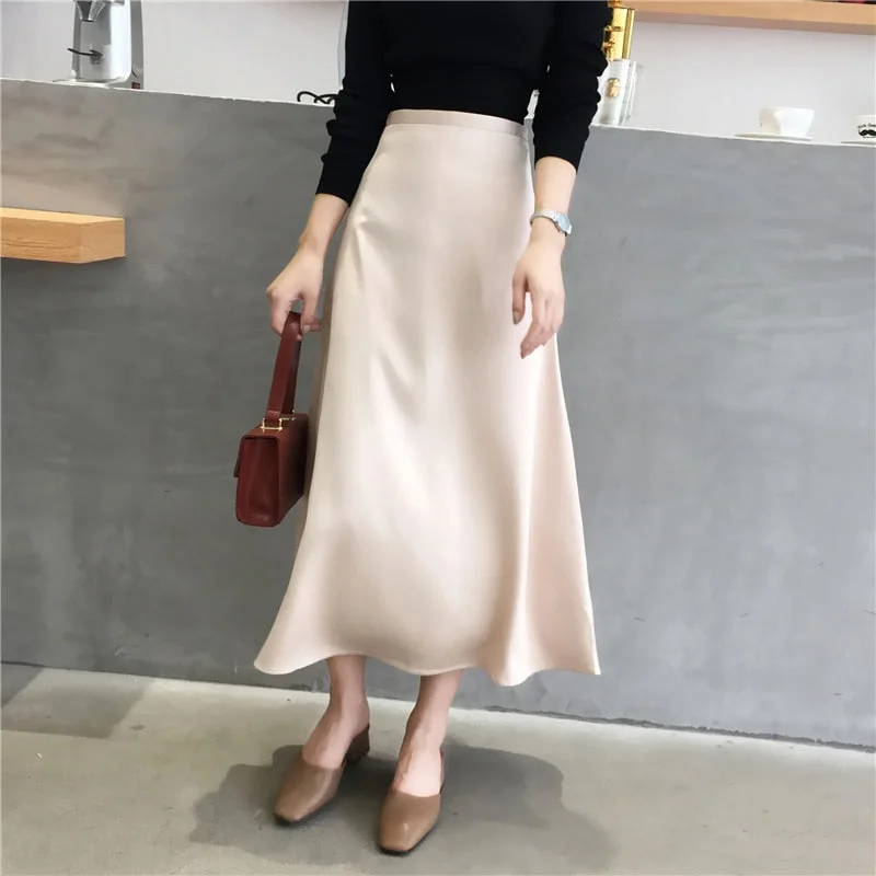 Women Elegant Office Lady Quality Glossy Satin Skirt Plain Shiny Fashion Solid High Waist Female Skirts