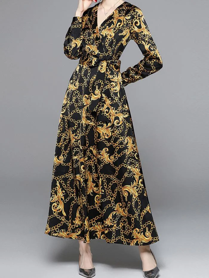 V-neck Long-sleeved Floral Print Dress