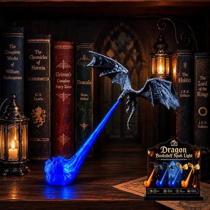 Dragon Bookshelf Nook Light, 3D Printed Fire-Breathing Fantasy Shelf Decor