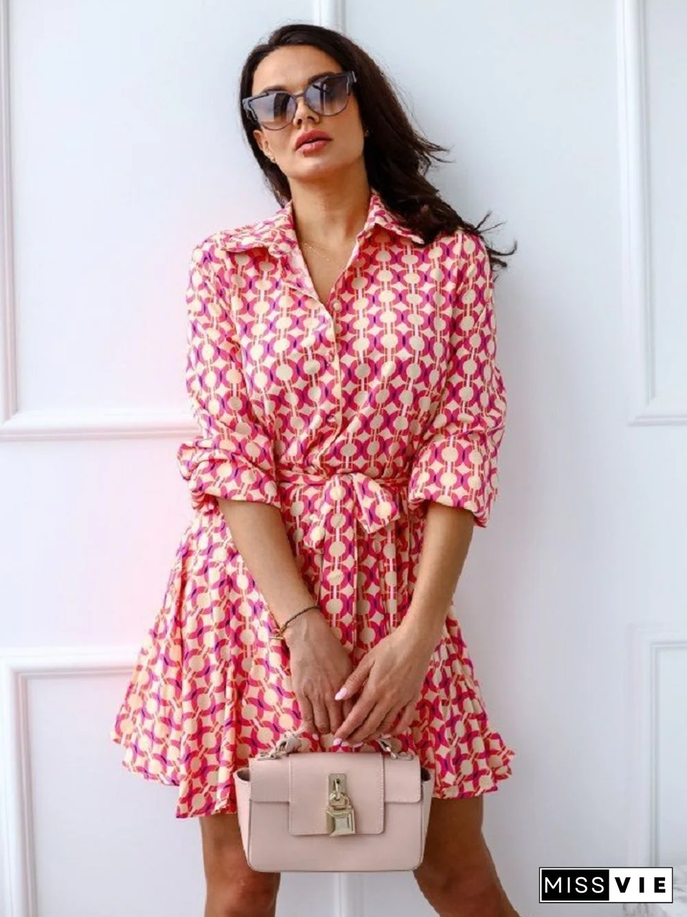 Long Sleeved Printed Waistband Shirt Dress