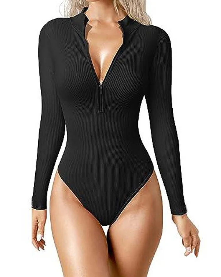 Zipper Front Long Sleeve Sexy Ribbed Long Sleeve Tights Ref2151