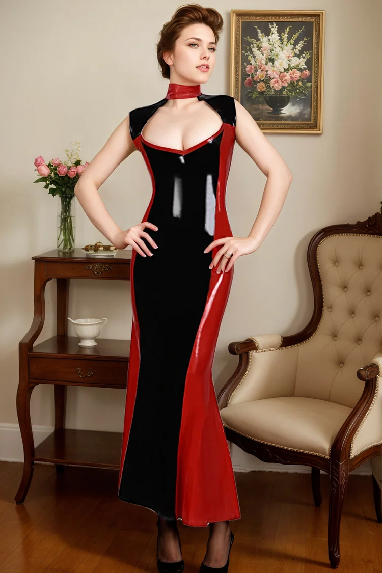 Women Latex Dress Elegant Two-Tone Bust Cut-Out Mermaid Gown