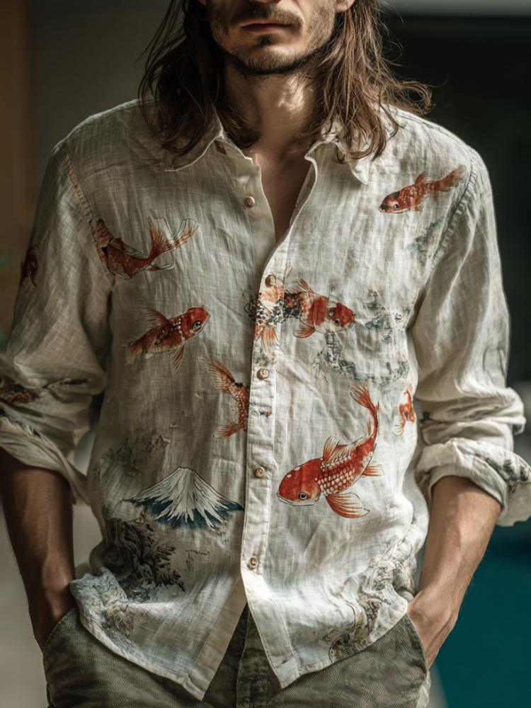 Men's Japanese Carp And Mount Fuji Below Button-down Shirt  artssus