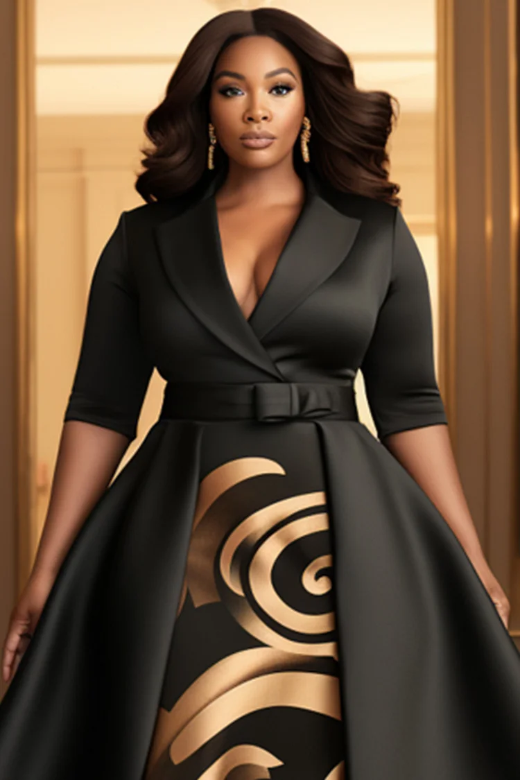 Xpluswear Design Plus Size Formal Black Wrap Neck Half Sleeve With Skirt Overlay Elegant Satin Midi Dresses [Pre-Order]