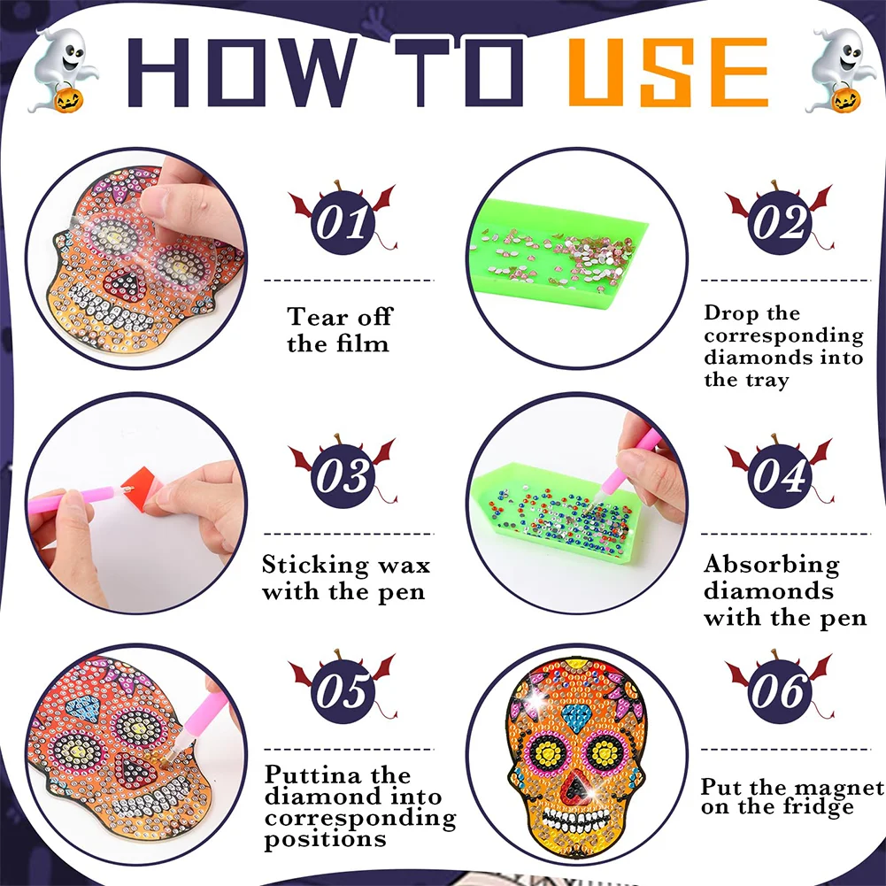 12pcs DIY Skull Diamond Painting Magnets Refrigerator for Adult Kid Fridge Car