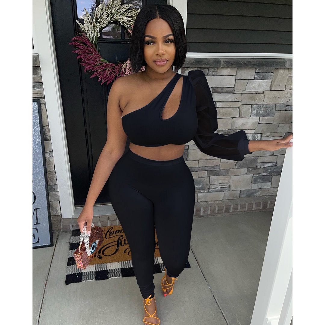 CM.YAYA Women 2 Piece Set Mesh One Sleeve Crop Top and High Waist Legging Pants Matching Set Fitness Outfits Street Tracksuit