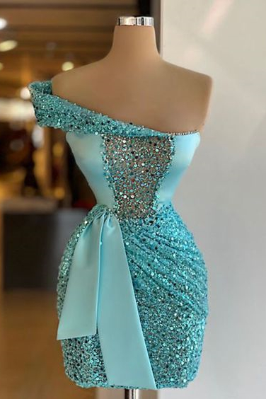 Bellasprom Ocean Blue Off-The-Shoulder Short Prom Dress With Sequins Bellasprom