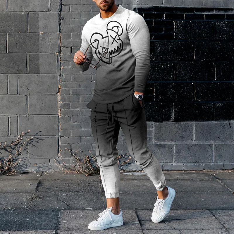 Trendy Asymmetric Bear Print Gradient Long Sleeve T-Shirt And Pants Co-Ord