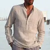 Men's Shirt Linen Shirt Maroon Shirt Solid Color V Neck White Black Gray Wine Army Green Long Sleeve Daily Vacation Tee by Inlyline