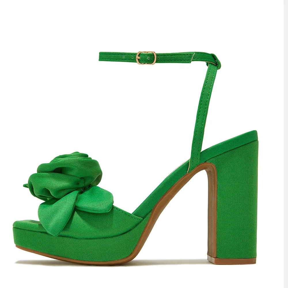 Green Satin Opened Toe Floral Ankle Strappy Platform Sandals With Chunky Heels Nicepairs