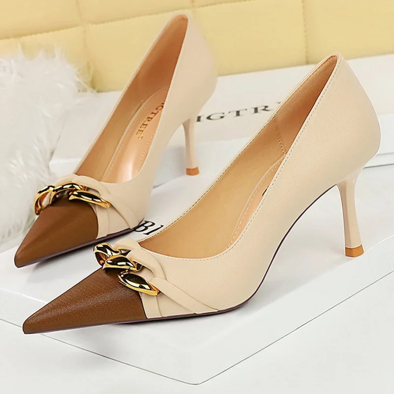 Abebey Shoes Women Pumps Metal Chain Decoration High Heels Mixed Colors Pointed Stilettos Lady Heels Party Shoes Female Pumps
