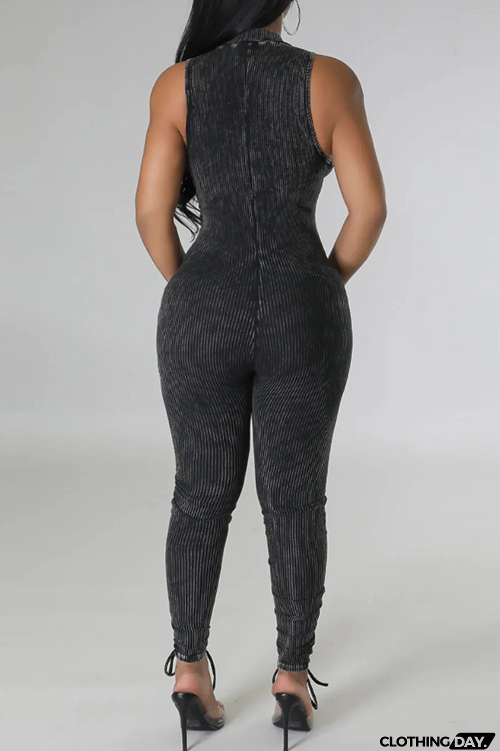 Light Blue Casual Solid Patchwork Stringy Selvedge Zipper Collar Skinny Jumpsuits