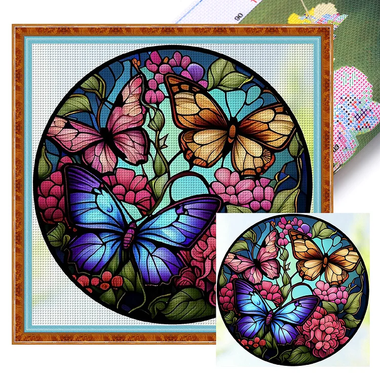 【Huacan Brand】Glass Art - Butterfly 11CT Stamped Cross Stitch 40*40CM