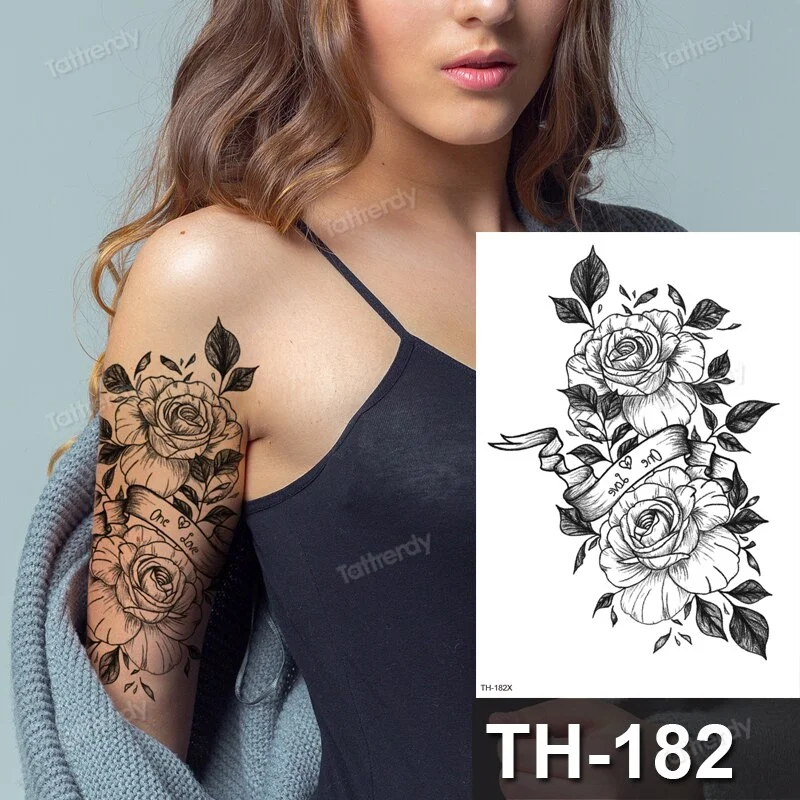 Sdrawing henna black lace mandala flowers sexy waterproof temporary tattoo for women thigh body tattoo sketch flower rose peony big