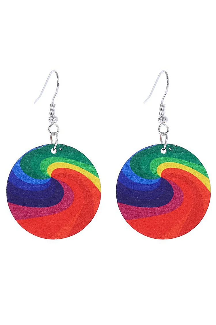 Festival Rainbow Pride Print Wood Round Shaped Dangle Earrings 2024 - Xpluswear