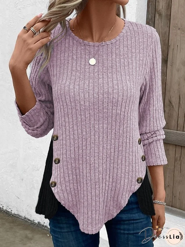 Women's Blouse Ribbed Plain Purple Patchwork Button Long Sleeve Casual Going out Fashion Streetwear Round Neck Regular Fit Spring