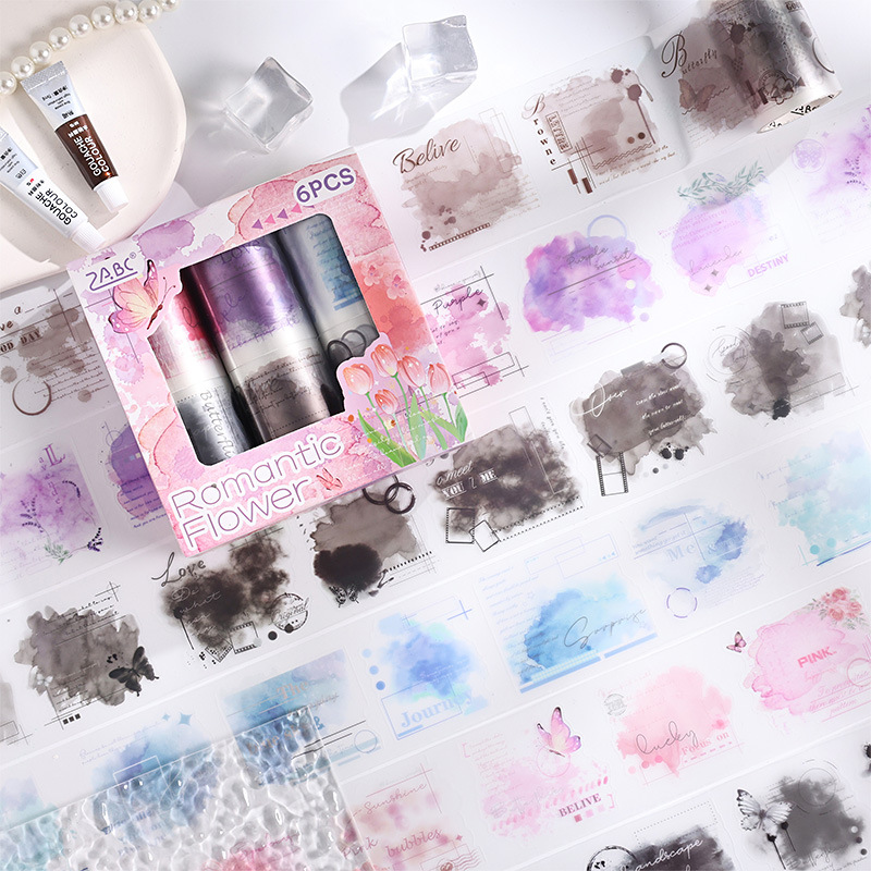 저널세이 60mm*200cm 로맨틱 플라워 라임 시리즈 빈티지 수채화 스머지 PET 테이프