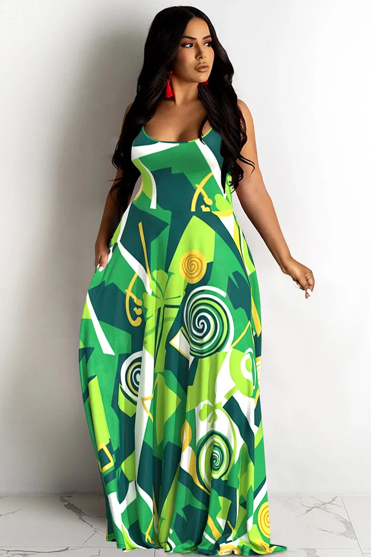 Plus Size Saint Patrick'S Day Green Sundress Graphic Round Neck Pocket Maxi Dresses 2024 - Xpluswear