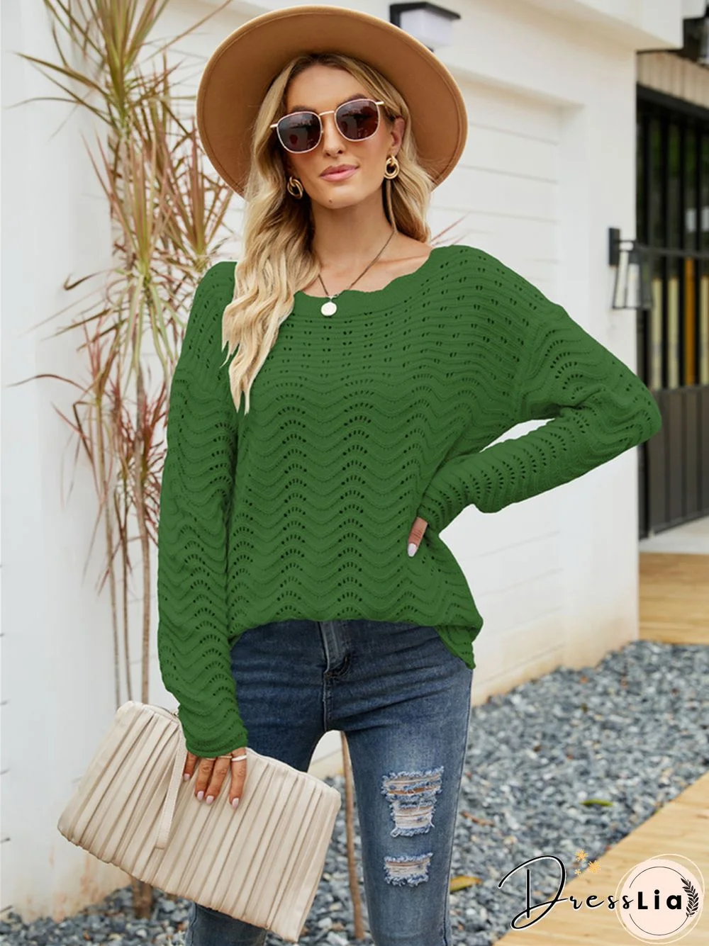 Solid Color Cut-out Pullover Lace Knit Ladies Sweater