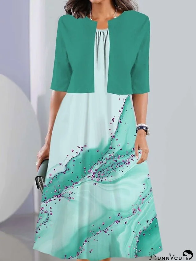 Two Piece Dress Set Casual Dress Chiffon Dress Daily Going out Fashion Streetwear Pocket Print Midi Dress Crew Neck Half Sleeve Ombre Marble Print Loose Fit Pink Navy Blue Dark Green Summer for Women
