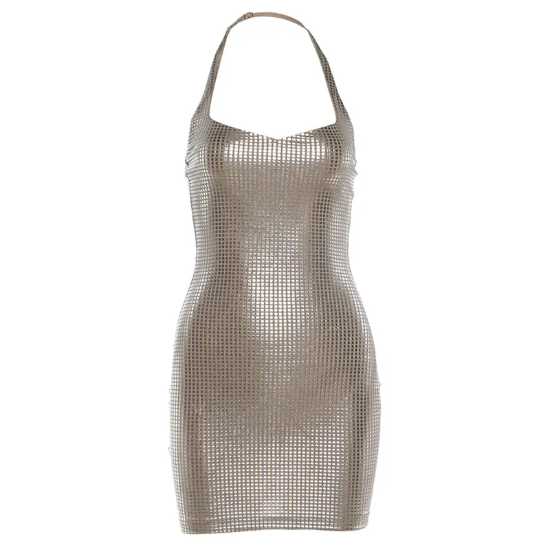 Women Shiny Metallic Mesh Halter Neck Bodycon Mini Party Dress