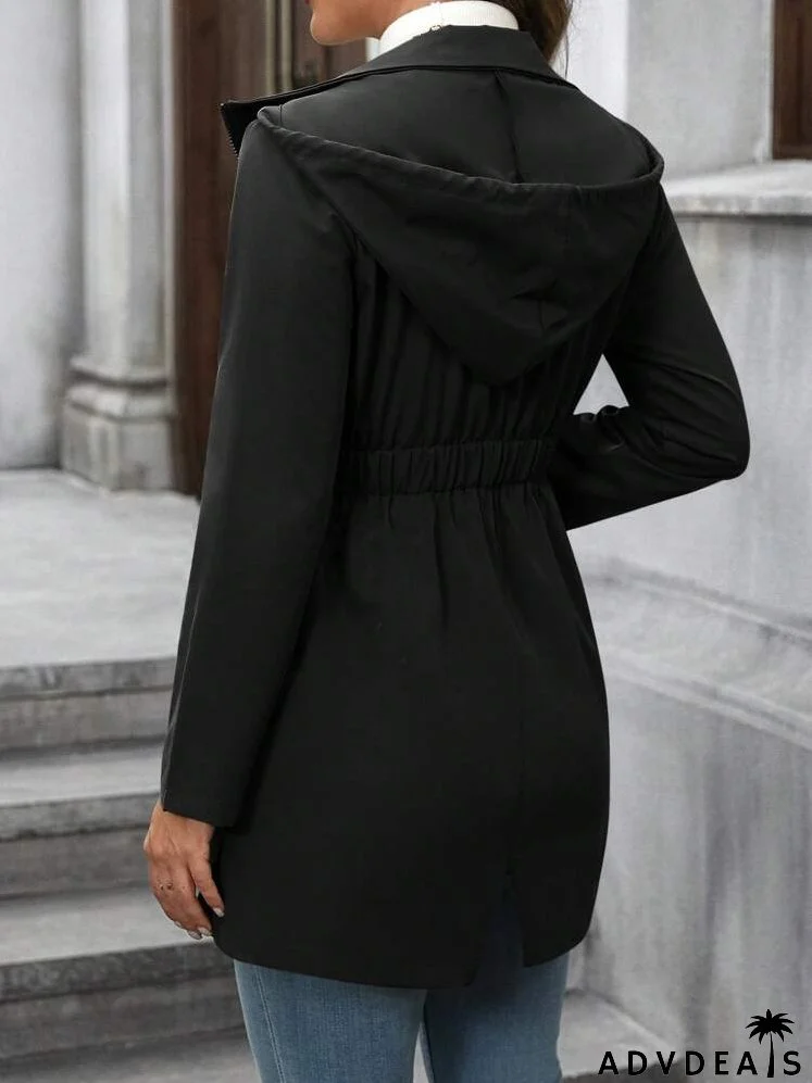 Women Casual Solid Color Zipper Front Drawstring Hooded Pockets Elastic Waist Mid-Length Trench Coat