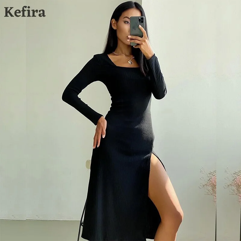 Kefira 2022 Sexy Square Neck A Line Midi Dress Women Spring Kintted Long Sleeve Basic Street Vintage Khaki Split Party Dresses