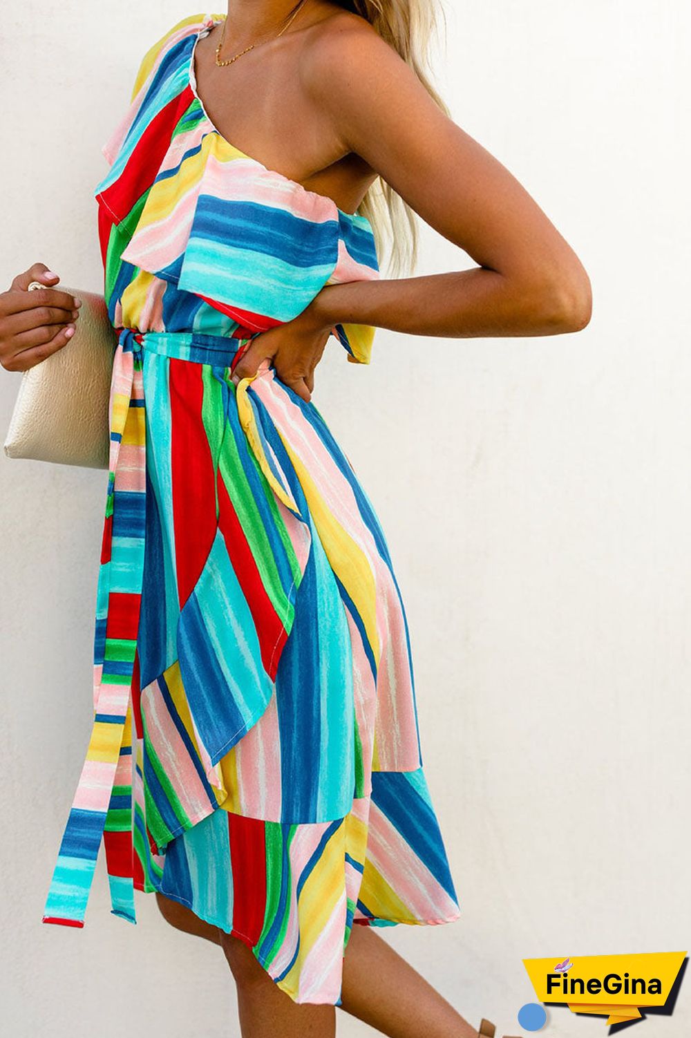 Fashion Street Striped Split Joint One Shoulder Irregular Dresses