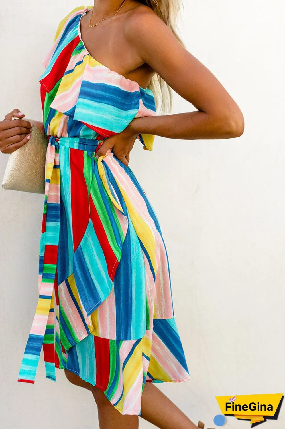 Fashion Street Striped Split Joint One Shoulder Irregular Dresses