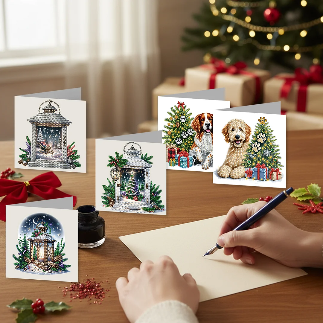12Pcs Xmas Dog DIY Diamond Painting Greeting Cards for Adult Holiday Gifts