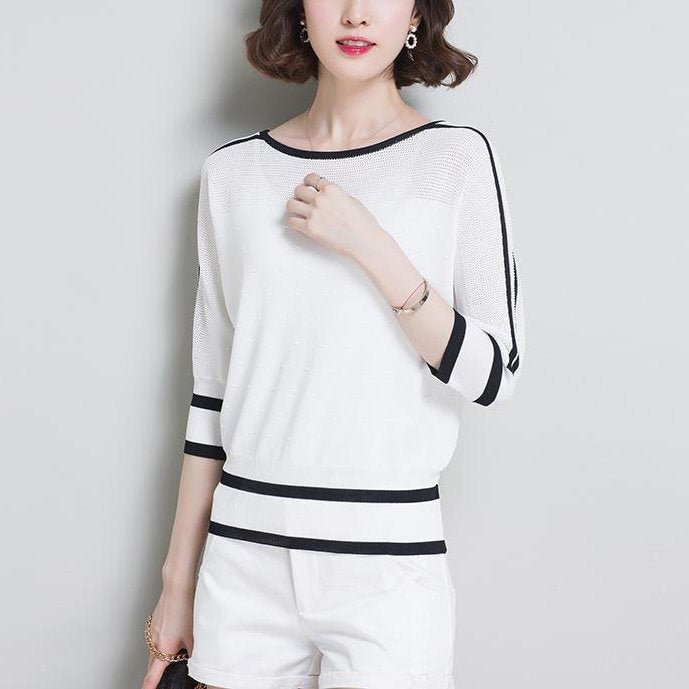Casual Cotton-Blend Knitted 3/4 Sleeve Shirts & Tops
