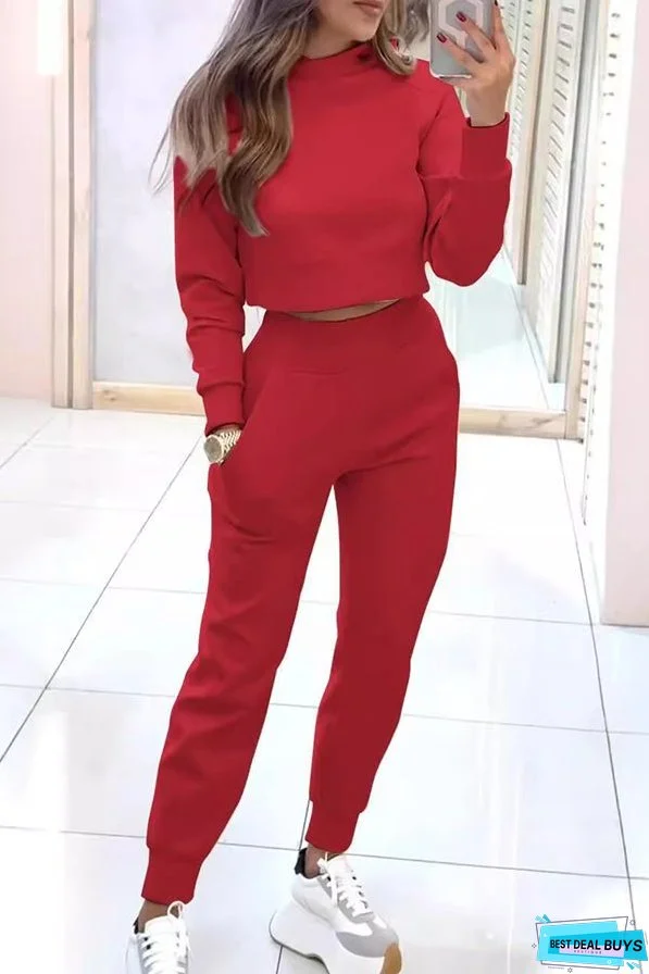 Solid Color Loose Long Sleeve Crop Top and Elastic Waist Pocket Casual Pants Set