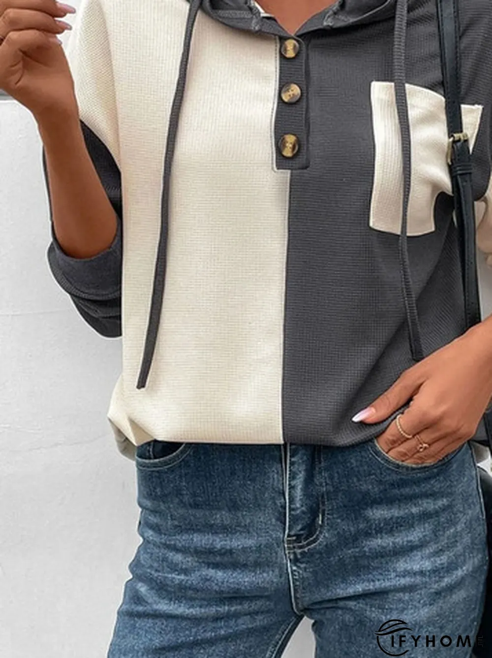 Loose Color Block Buckle Casual Hoodie Sweatshirt | IFYHOME