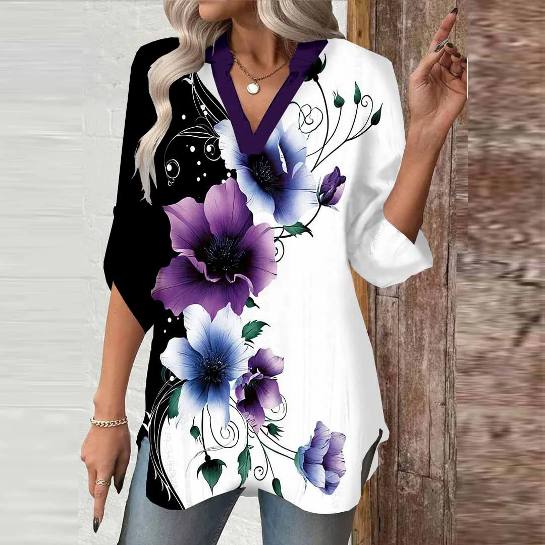 Women Floral,Purple,Black DZGA0638 3/4 Sleeve V-neck Printed Graphic Button Tops