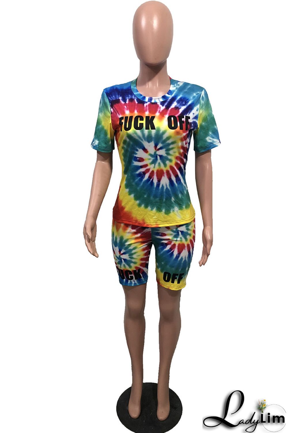 Yellow Fashion Casual Print Tie-dye O Neck Short Sleeve Two Pieces