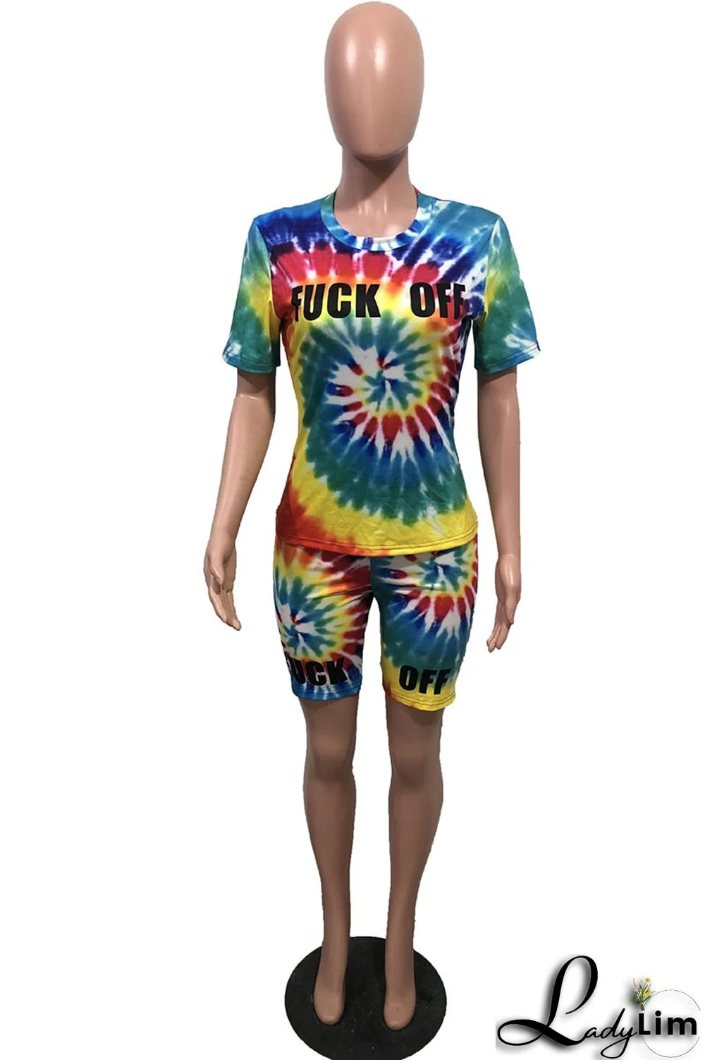 Yellow Fashion Casual Print Tie-dye O Neck Short Sleeve Two Pieces