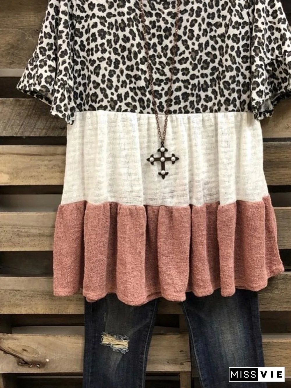 Leopard Short Sleeve Printed Cotton-blend Crew Neck Casual Summer Brown Top