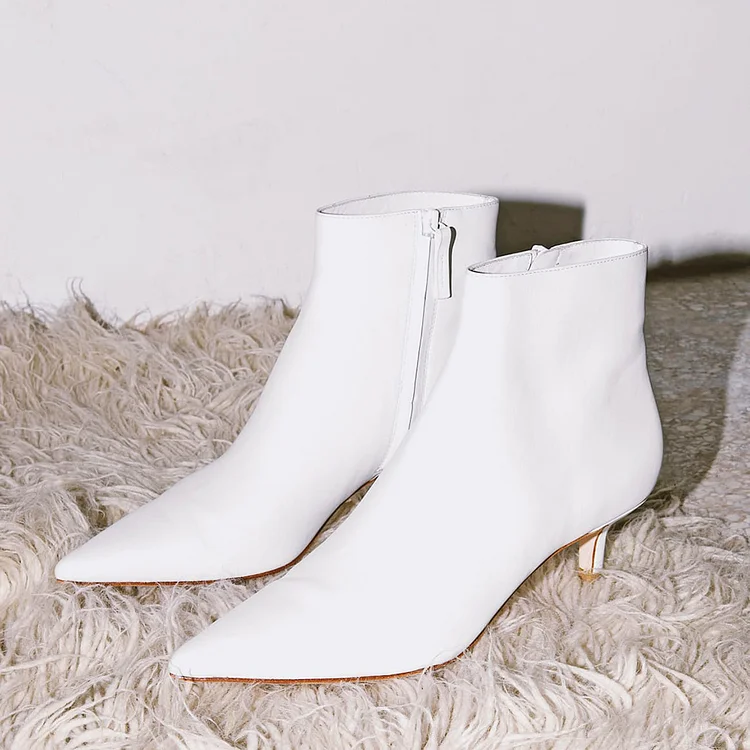 Classic White Pointed Toe Booties Kitten Heel Office Ankle Boots FSJshoes