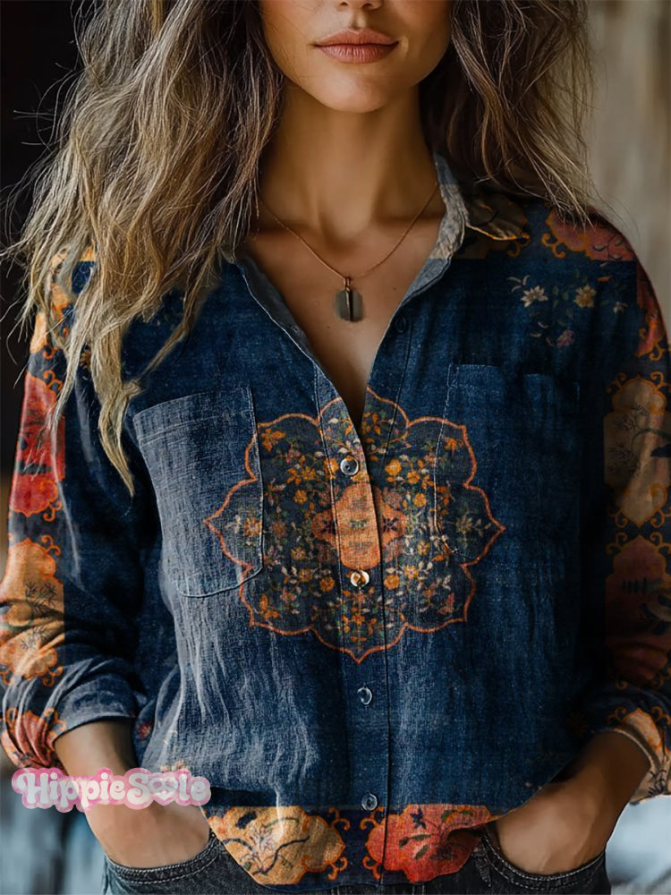 Women’s Retro Ethnic Totem Pattern Print Casual Long Sleeve Comfortable Cotton Shirt Multicolor / S